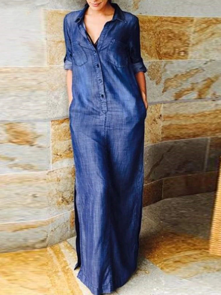 Women's Denim Long Dress Half Open A-line Straight Sleeve