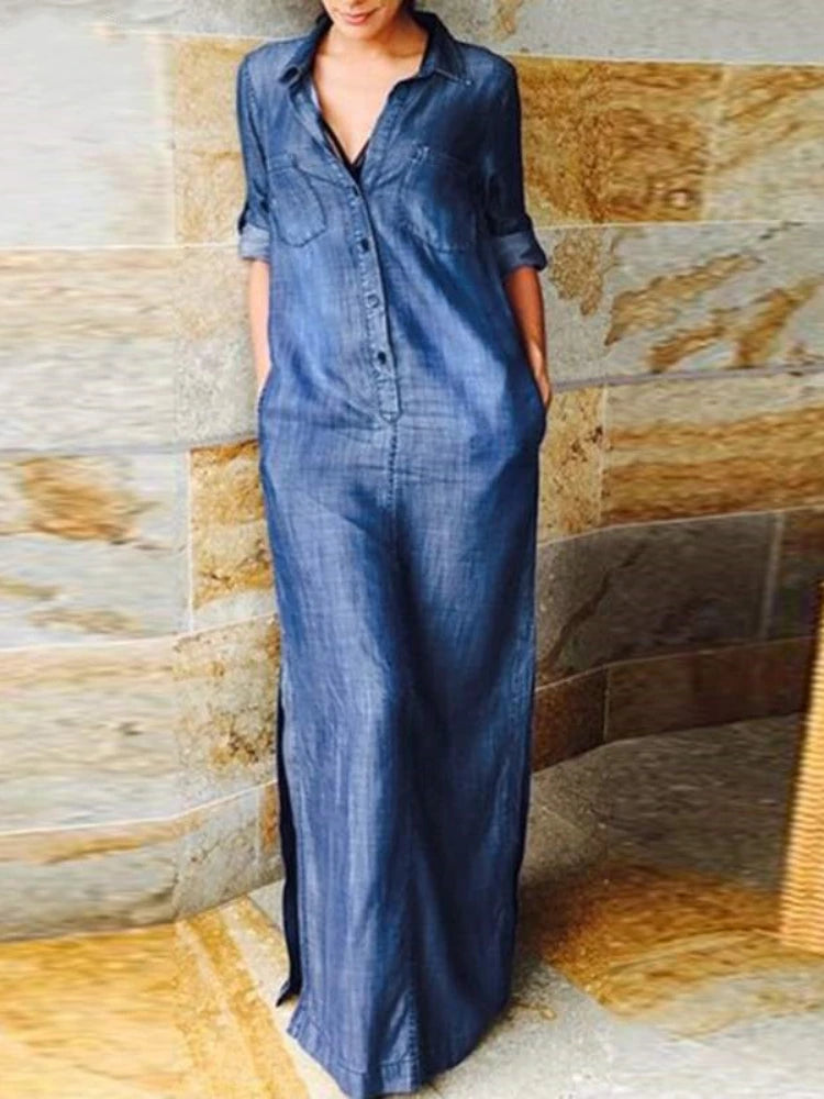 Women's Denim Long Dress Half Open A-line Straight Sleeve